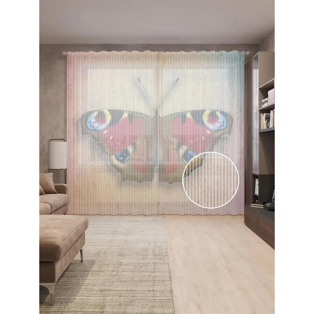 Фото Тюль на шторной ленте Наблюдательная бабочка 310х265 см рисунок природный цвет красный Фото Тюль на шторной ленте Наблюдательная бабочка 310х265 см рисунок природный цвет красный