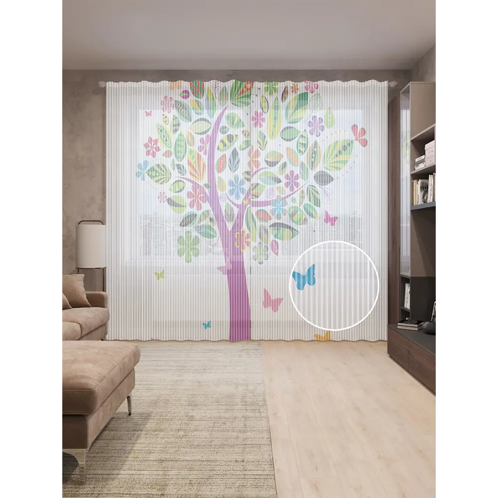 Фото Тюль на шторной ленте Сказочное дерево и бабочки 310х265 см рисунок растительный цвет оранжевый