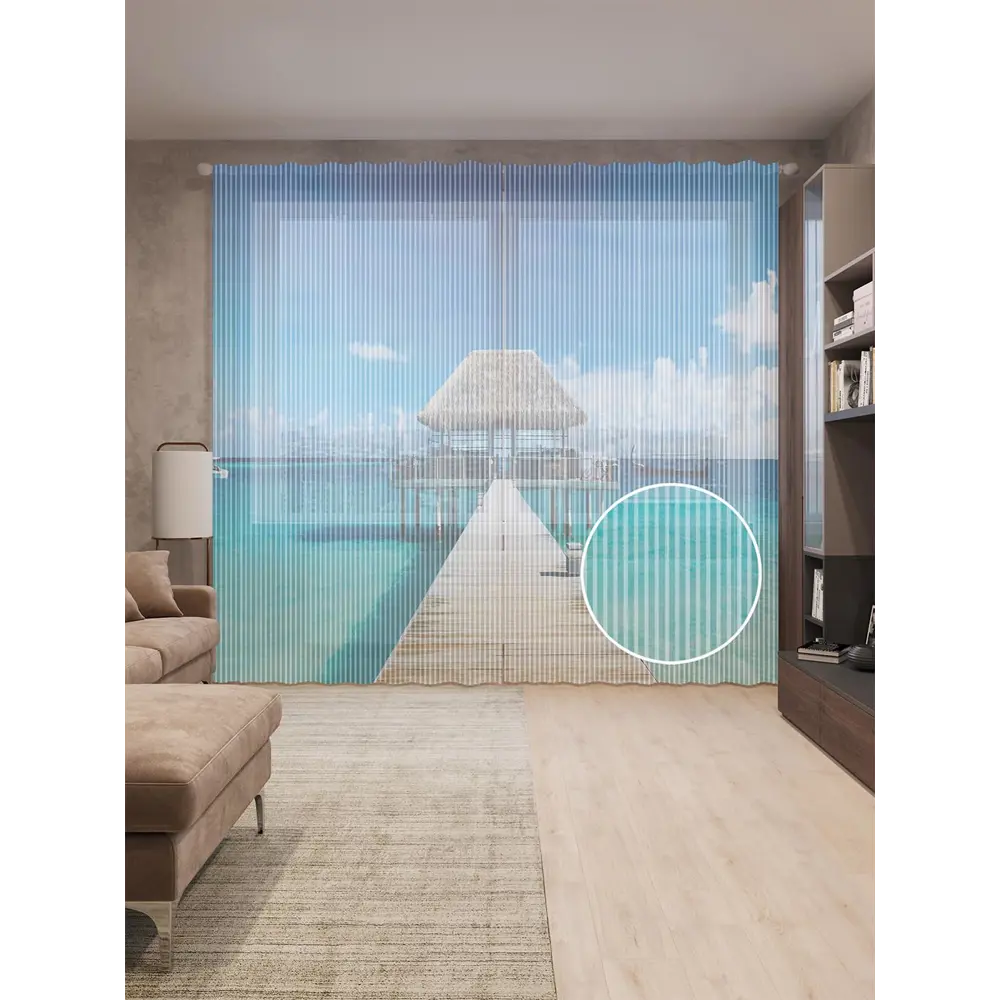 Фото Тюль на шторной ленте Домик на пирсе 310х265 см рисунок природный цвет голубой Фото Тюль на шторной ленте Домик на пирсе 310х265 см рисунок природный цвет голубой