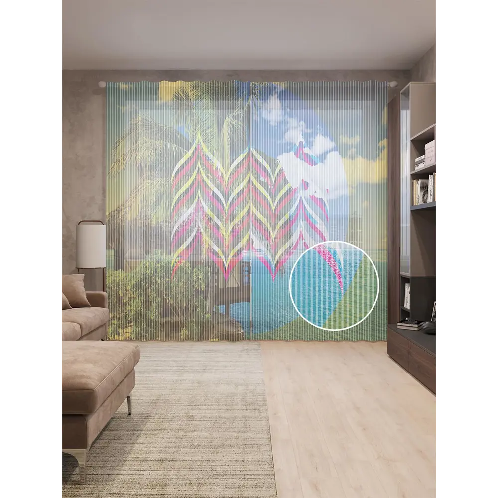 Фото Тюль на шторной ленте Пальма у бунгало 310х265 см рисунок природный цвет синий Фото Тюль на шторной ленте Пальма у бунгало 310х265 см рисунок природный цвет синий