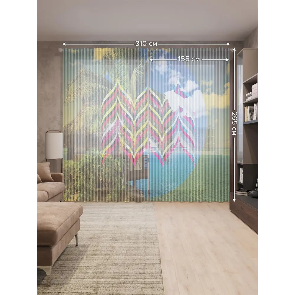 Фото 2 Тюль на шторной ленте Пальма у бунгало 310х265 см рисунок природный цвет синий Фото 2 Тюль на шторной ленте Пальма у бунгало 310х265 см рисунок природный цвет синий