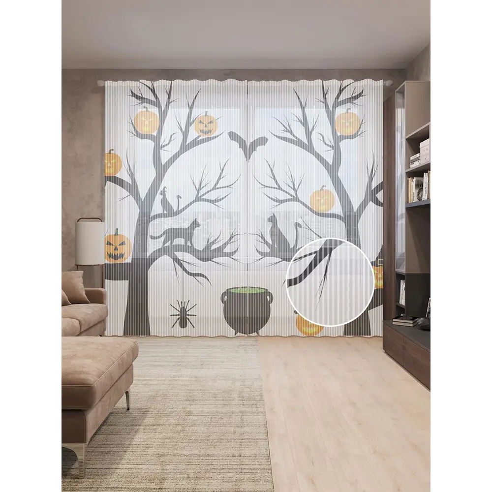 Фото Тюль на шторной ленте Тыквенные фонари на деревьях 310х265 см рисунок растительный цвет оранжевый