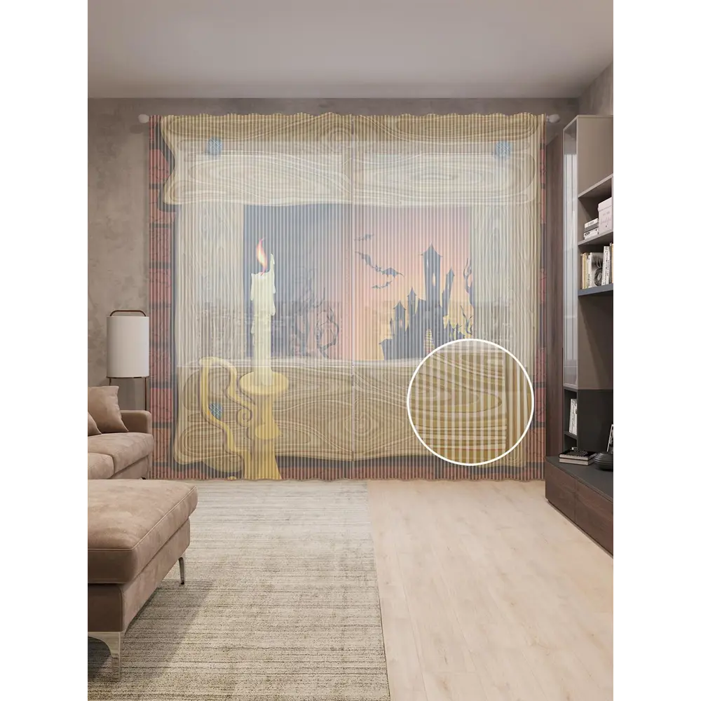 Фото Тюль на шторной ленте Свеча а за окном замок 310х265 см рисунок природный цвет оранжевый