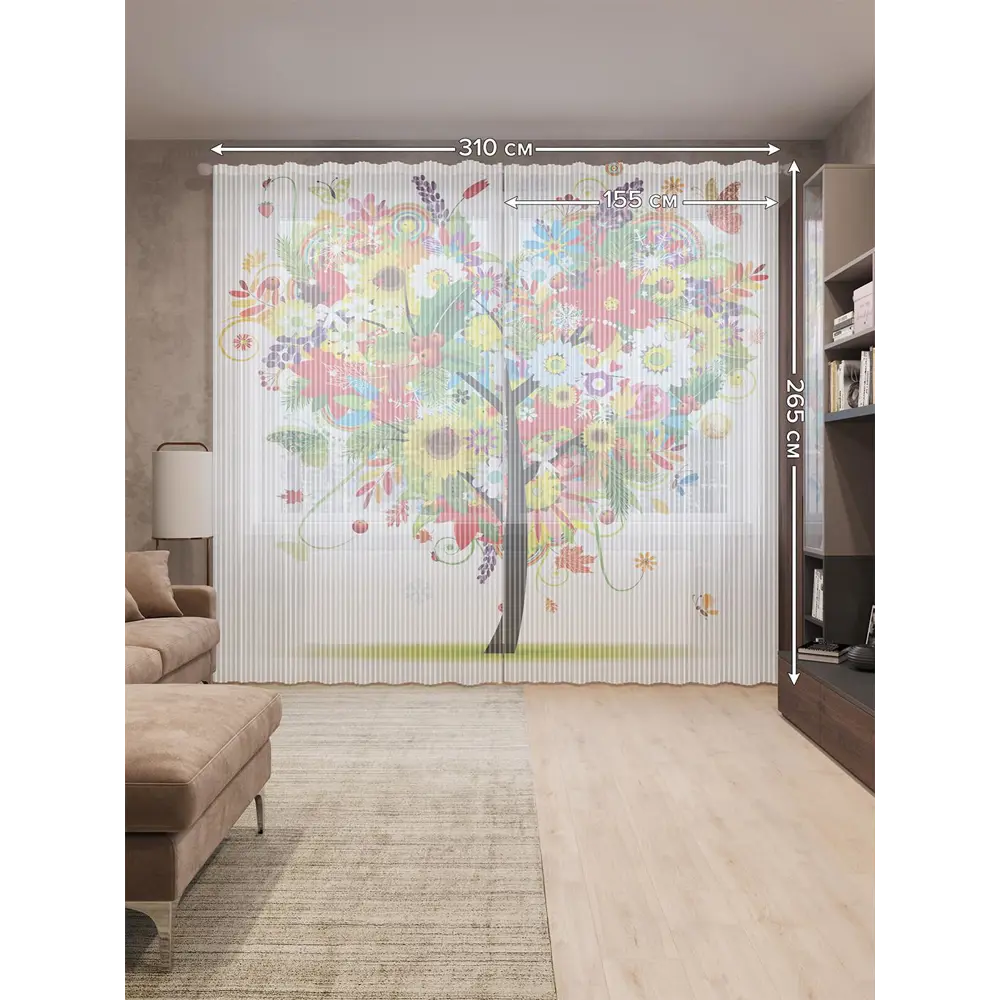 Фото 2 Тюль на шторной ленте Чувства в цветах 310х265 см рисунок растительный цвет красный