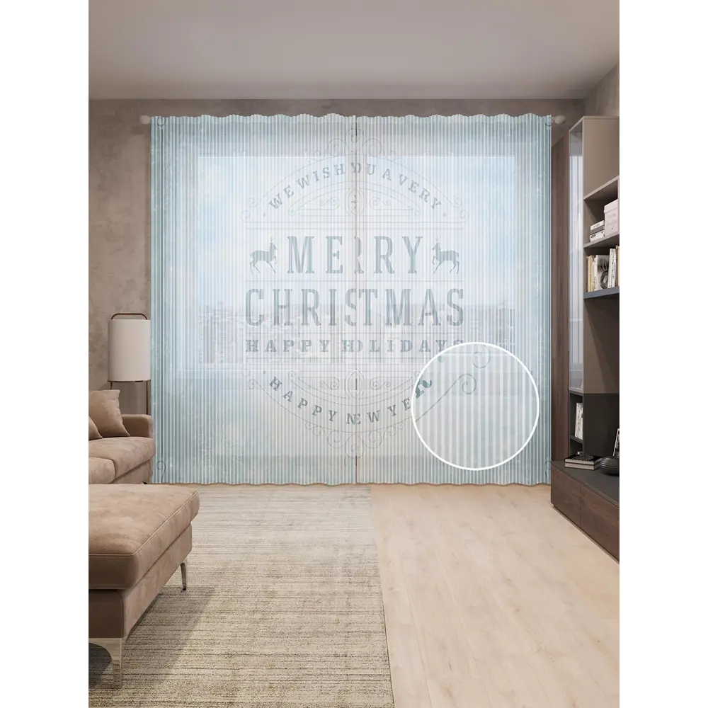 Фото Тюль на шторной ленте Снежное Рождество 310х265 см цвет голубой
