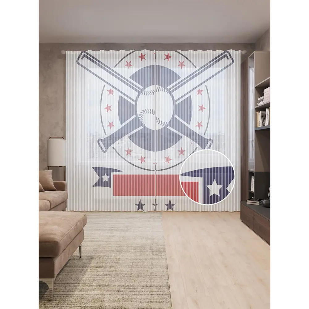 Фото Тюль на шторной ленте Бейсбольный знак 310х265 см цвет красный Фото Тюль на шторной ленте Бейсбольный знак 310х265 см цвет красный