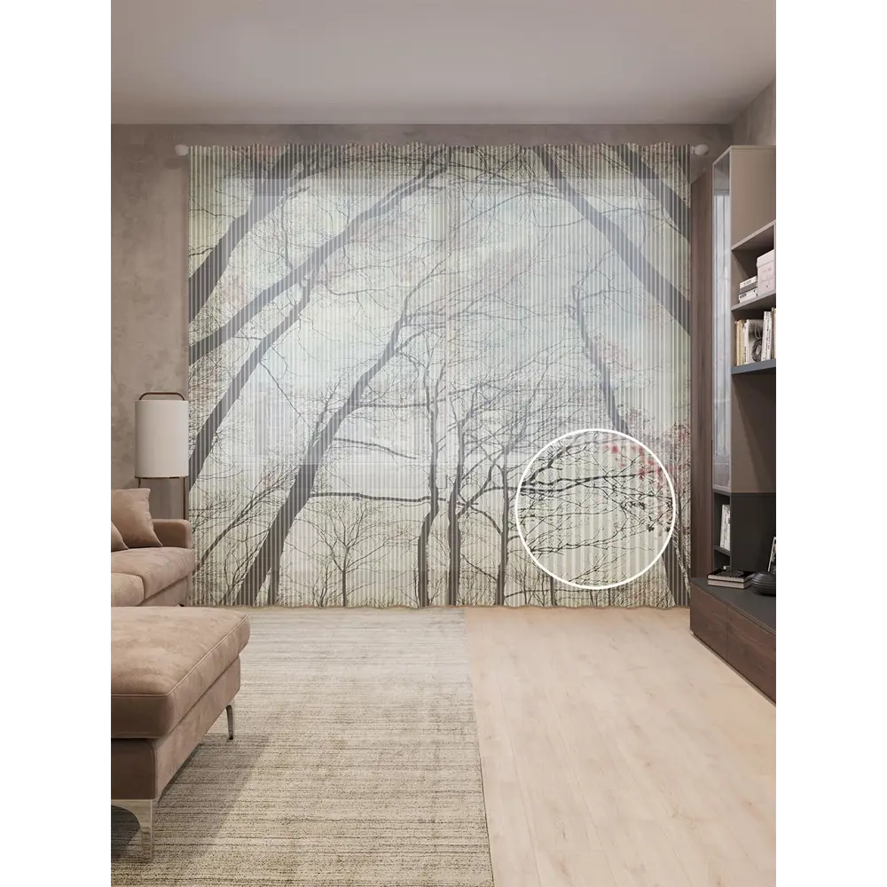 Фото Тюль на шторной ленте Лесной круг 310х265 см рисунок растительный цвет черный