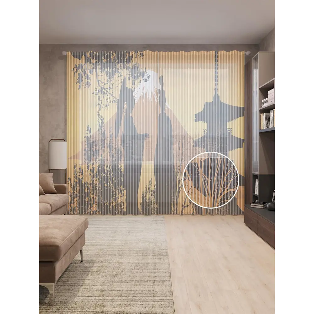 Фото Тюль на шторной ленте Храм у подножья горы 310х265 см рисунок природный цвет оранжевый