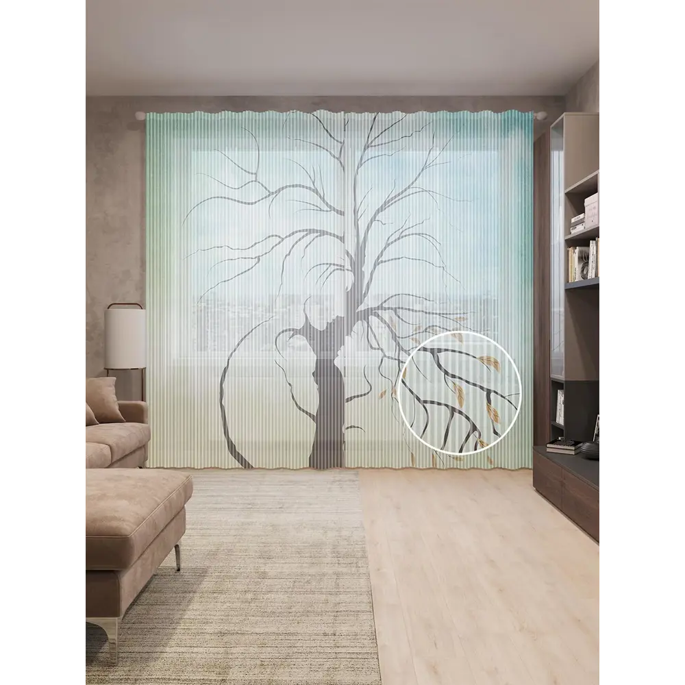 Фото Тюль на шторной ленте Дерево в небе 310х265 см рисунок растительный цвет зеленый