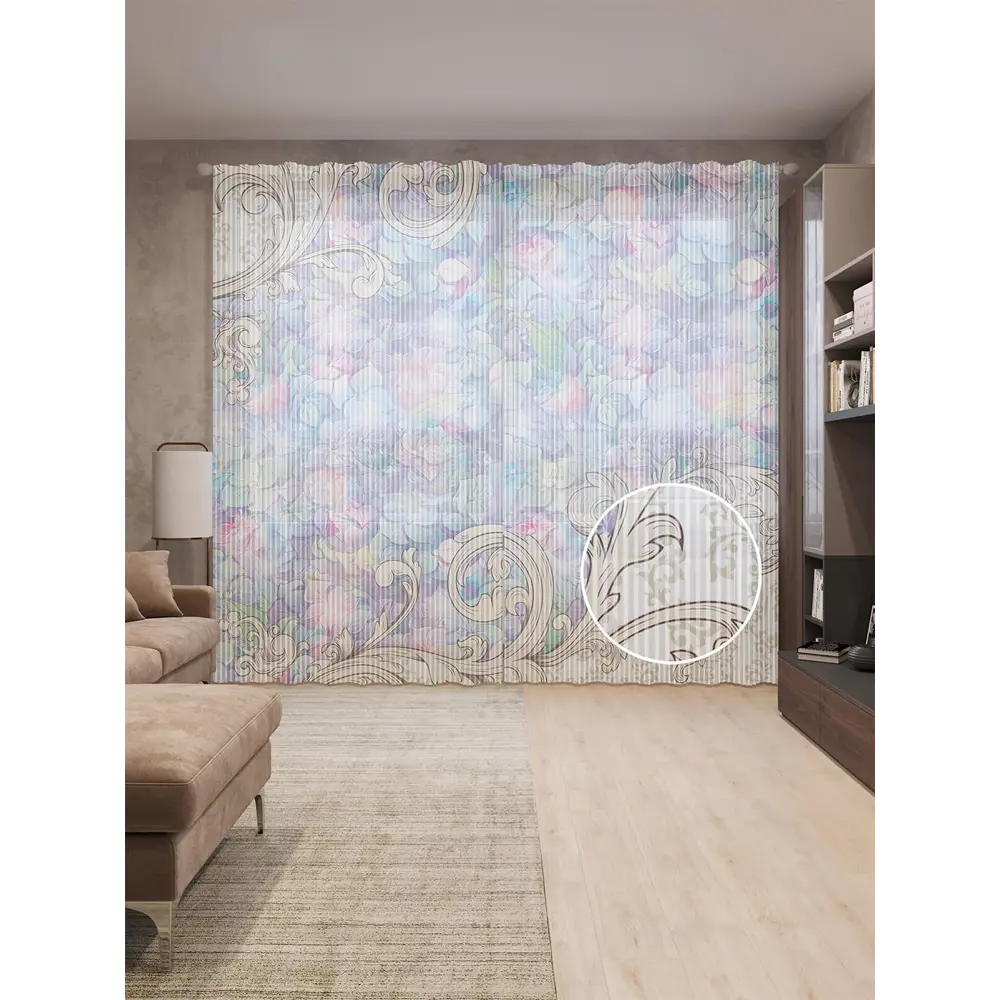 Фото Тюль на шторной ленте Цветочное течение 310х265 см рисунок растительный цвет фиолетовый