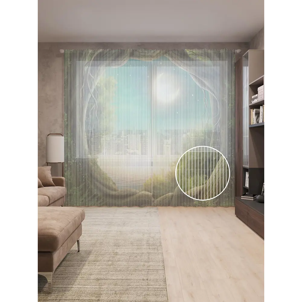 Фото Тюль на шторной ленте Лесной портал 310х265 см рисунок растительный цвет зеленый