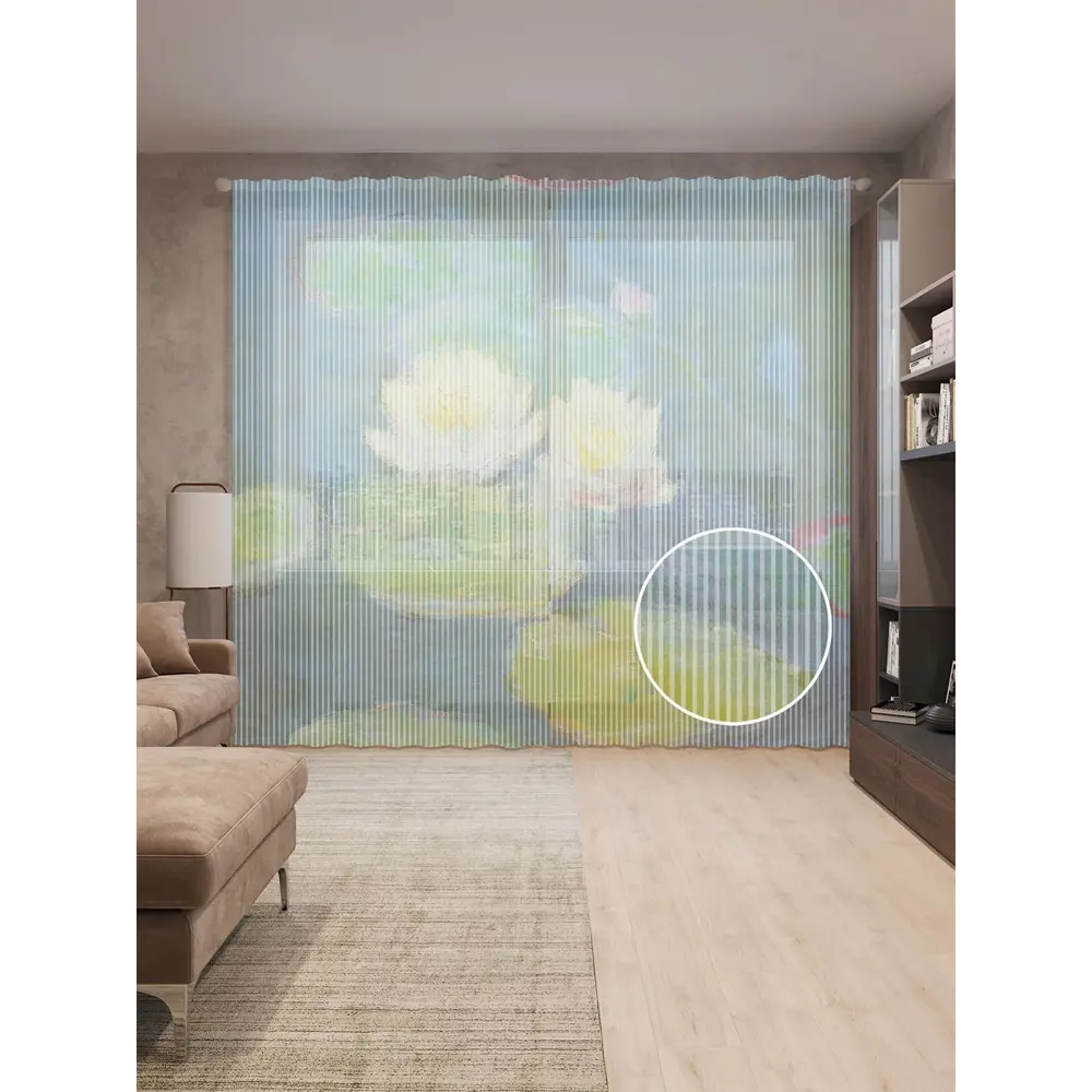 Фото Тюль на шторной ленте Водяные лилии 310х265 см рисунок вензель цвет зеленый Фото Тюль на шторной ленте Водяные лилии 310х265 см рисунок вензель цвет зеленый