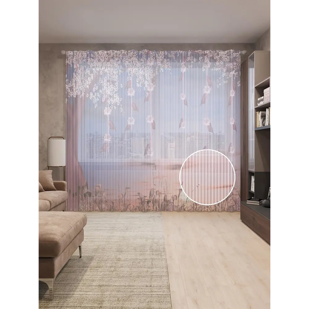 Фото Тюль на шторной ленте Лесные украшения 310х265 см рисунок растительный цвет светло-розовый