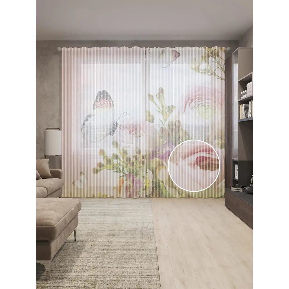 Фото Тюль на шторной ленте Бутоны цветов 310х265 см цвет розовый