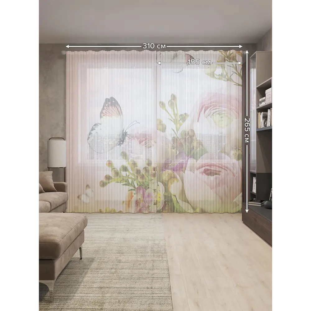 Фото 2 Тюль на шторной ленте Бутоны цветов 310х265 см цвет розовый