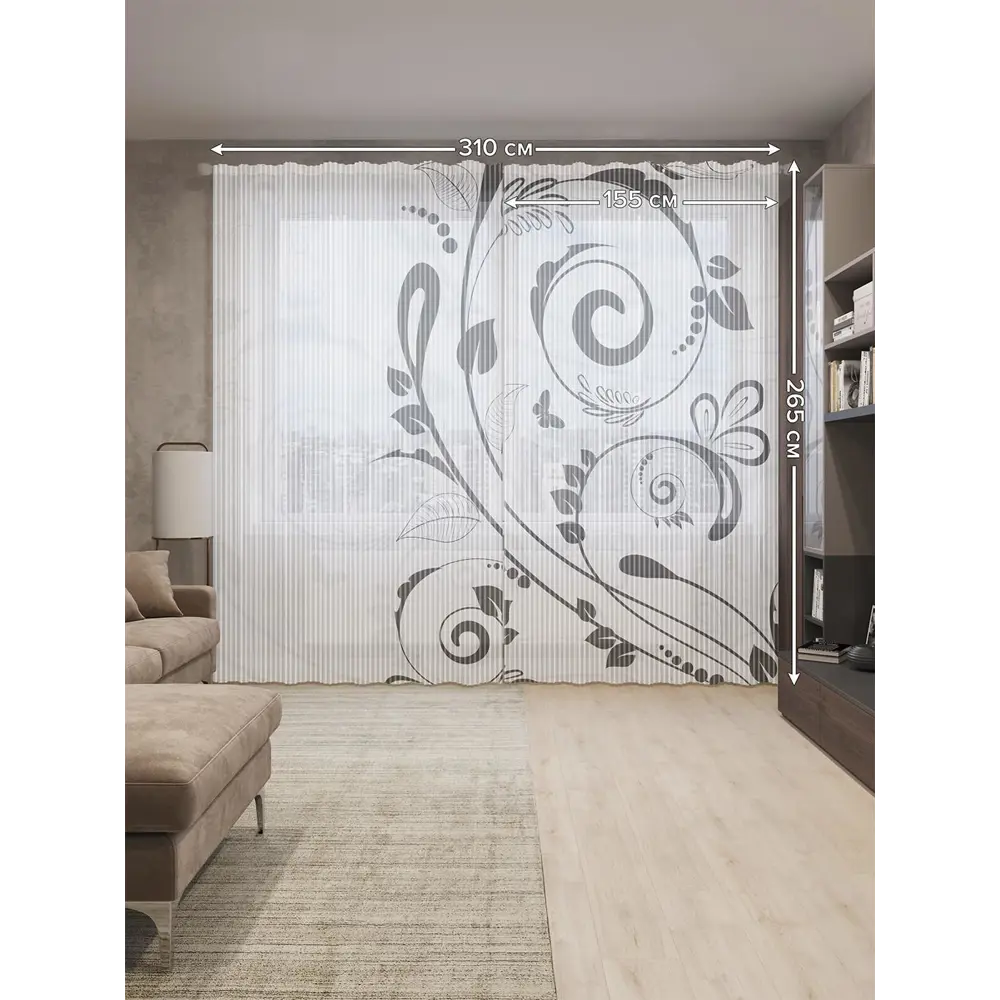 Фото 2 Тюль на шторной ленте Цветочный вензель 310х265 см рисунок растительный цвет черный