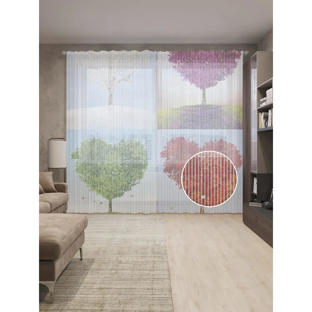 Фото Тюль на шторной ленте Сезонная любовь 310х265 см рисунок растительный цвет красный