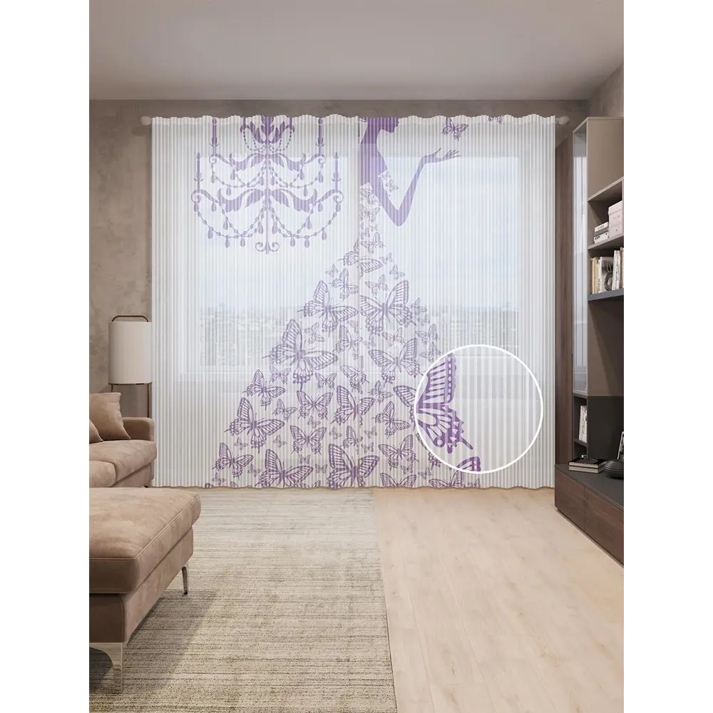 Фото Тюль на шторной ленте Платье с синими бабочками 310х265 см рисунок природный цвет фиолетовый