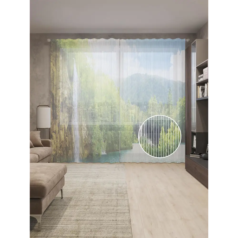 Фото Тюль на шторной ленте Скопление водопадов 310х265 см рисунок природный цвет голубой Фото Тюль на шторной ленте Скопление водопадов 310х265 см рисунок природный цвет голубой