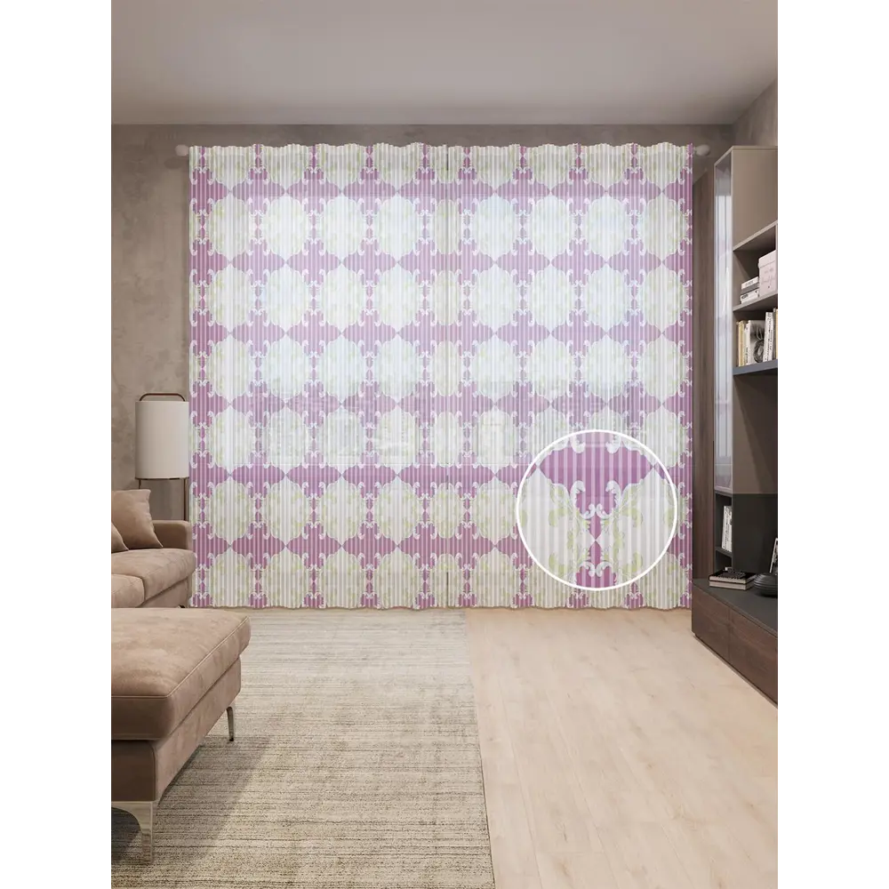 Фото Тюль на шторной ленте Сочетании энергии 310х265 см рисунок вензель цвет фиолетовый Фото Тюль на шторной ленте Сочетании энергии 310х265 см рисунок вензель цвет фиолетовый