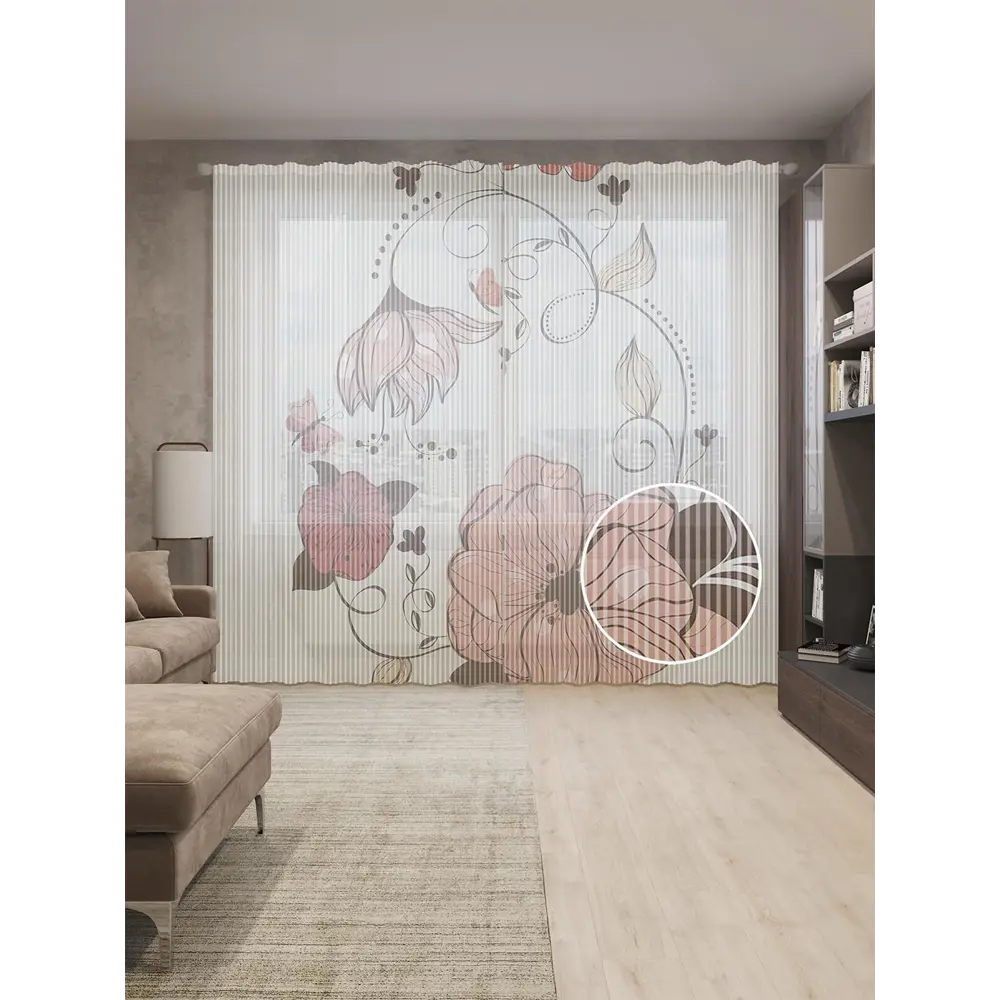 Фото Тюль на шторной ленте Цветочное яйцо 310х265 см рисунок растительный цвет коралл