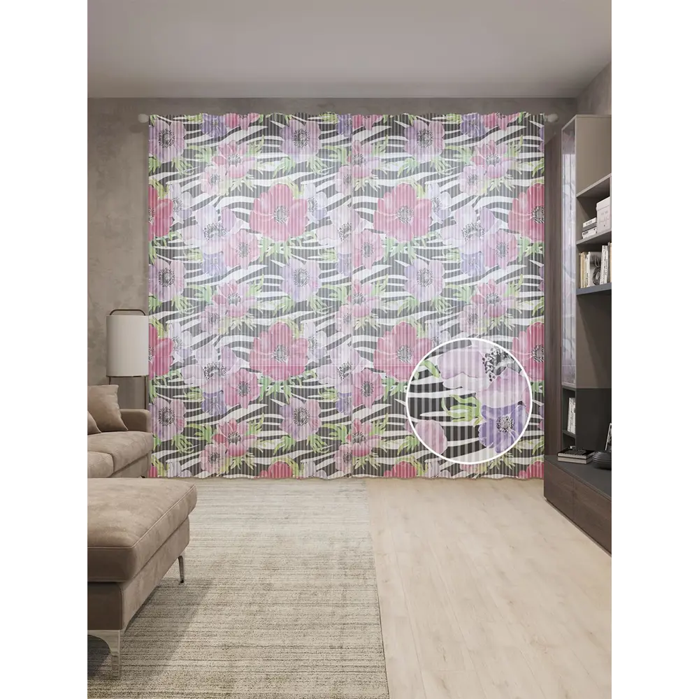 Фото Тюль на шторной ленте Цветы на зебровом поле 310х265 см рисунок растительный цвет розовый