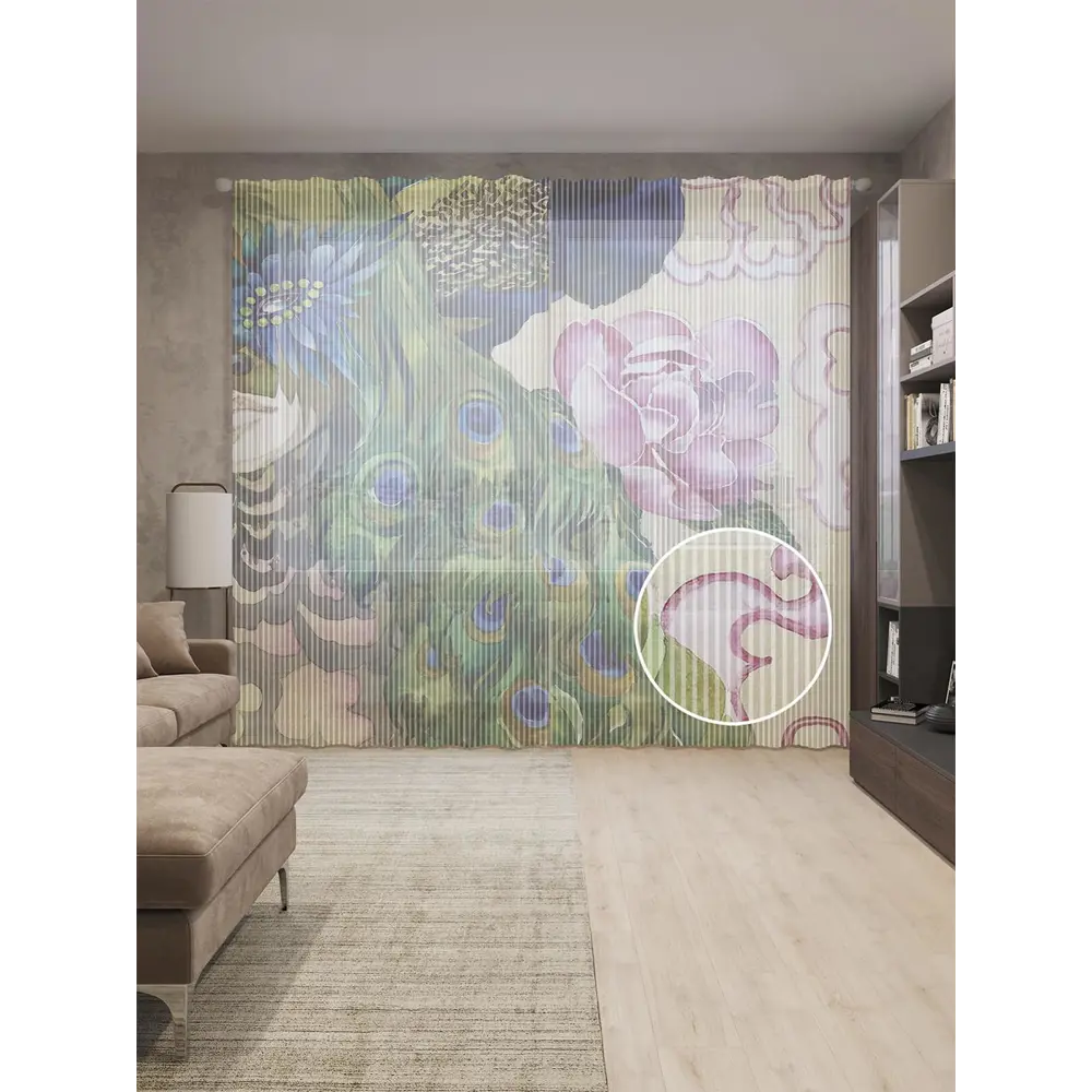 Фото Тюль на шторной ленте Павлин в цветах 310х265 см цвет зеленый Фото Тюль на шторной ленте Павлин в цветах 310х265 см цвет зеленый