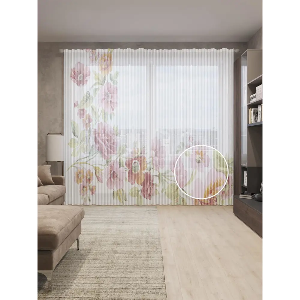 Фото Тюль на шторной ленте Цветочный уголок-1 310х265 см рисунок растительный цвет красный