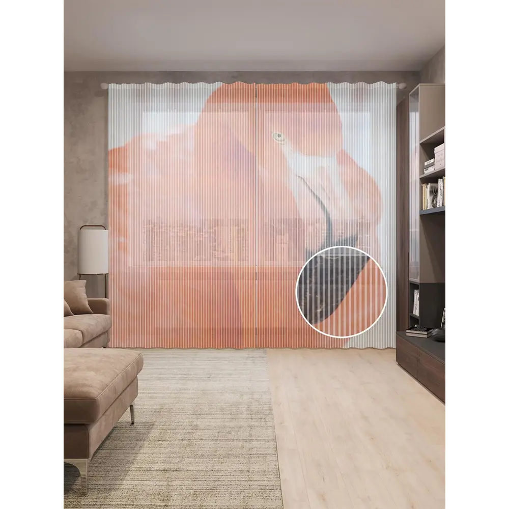 Фото Тюль на шторной ленте Наблюдающий фламинго 310х265 см цвет розовый Фото Тюль на шторной ленте Наблюдающий фламинго 310х265 см цвет розовый