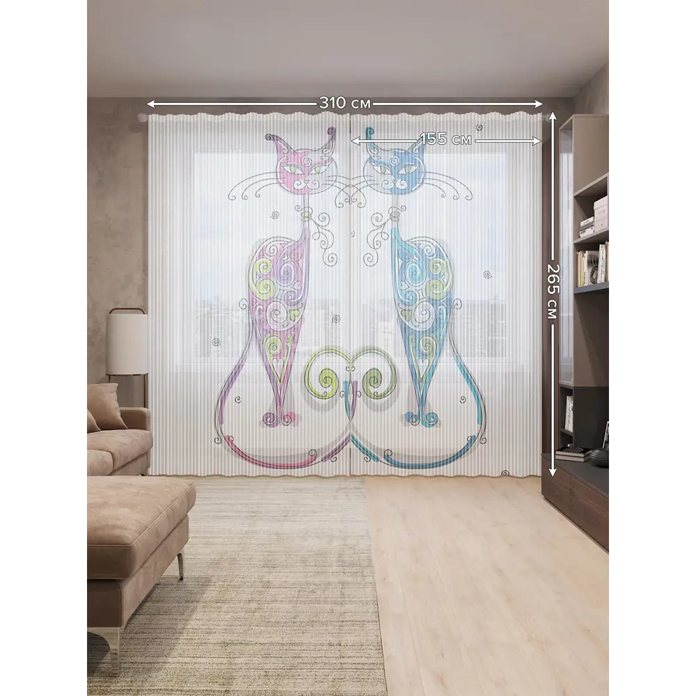 Фото 2 Тюль на шторной ленте Кошачья комбинация 310х265 см цвет розовый