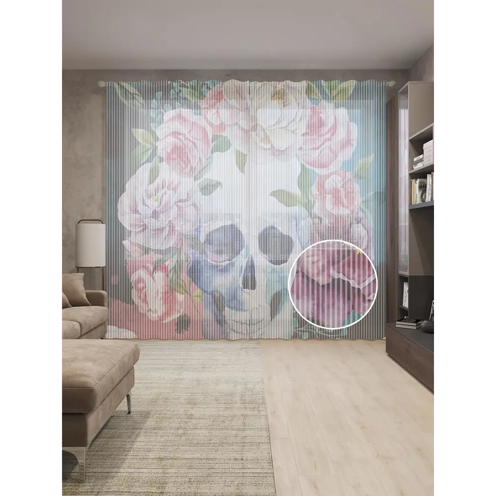 Фото Тюль на шторной ленте Череп с розой 310х265 см цвет розовый