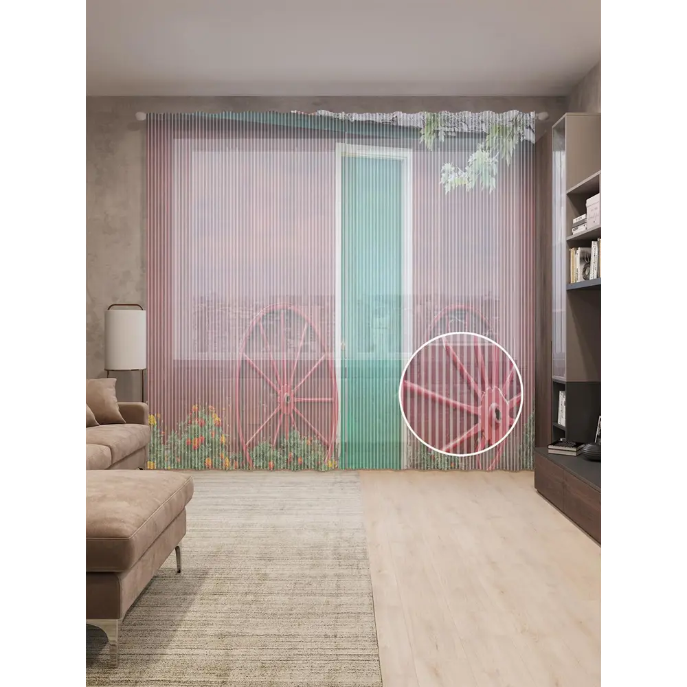 Фото Тюль на шторной ленте Дверь амбара 310х265 см рисунок природный цвет кирпичный