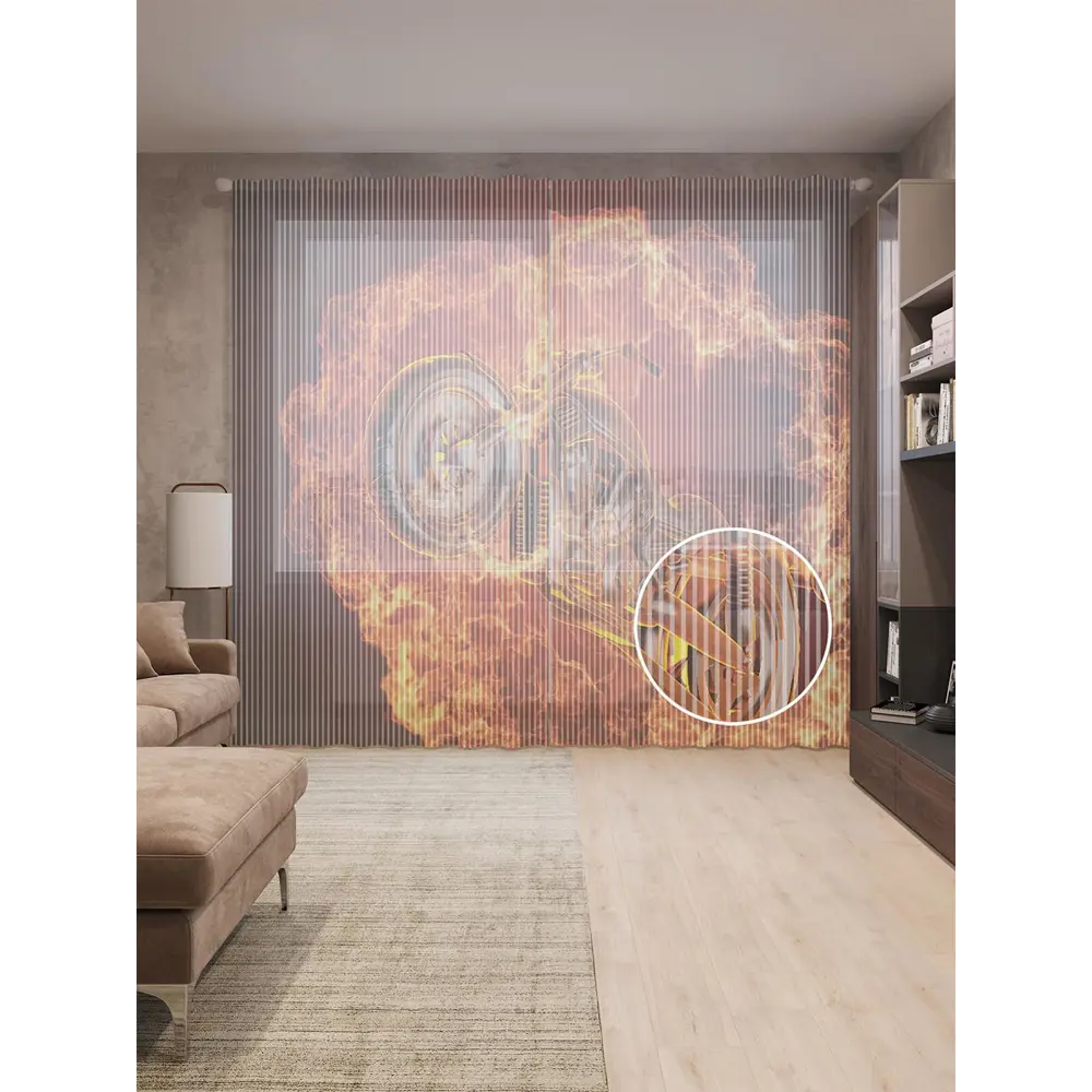 Фото Тюль на шторной ленте Огненный мотоцикл 310х265 см цвет оранжевый