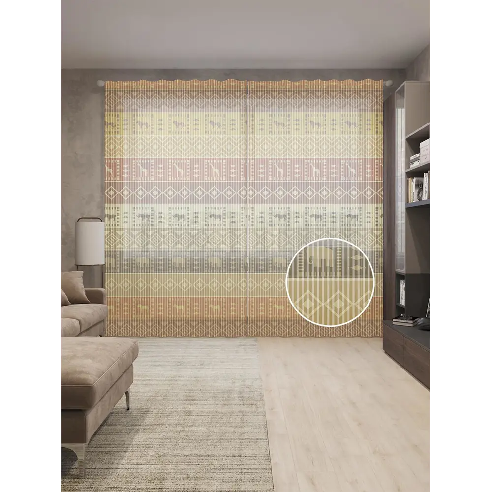 Фото Тюль на шторной ленте Африканская скатерть 310х265 см рисунок вензель цвет коричневый Фото Тюль на шторной ленте Африканская скатерть 310х265 см рисунок вензель цвет коричневый