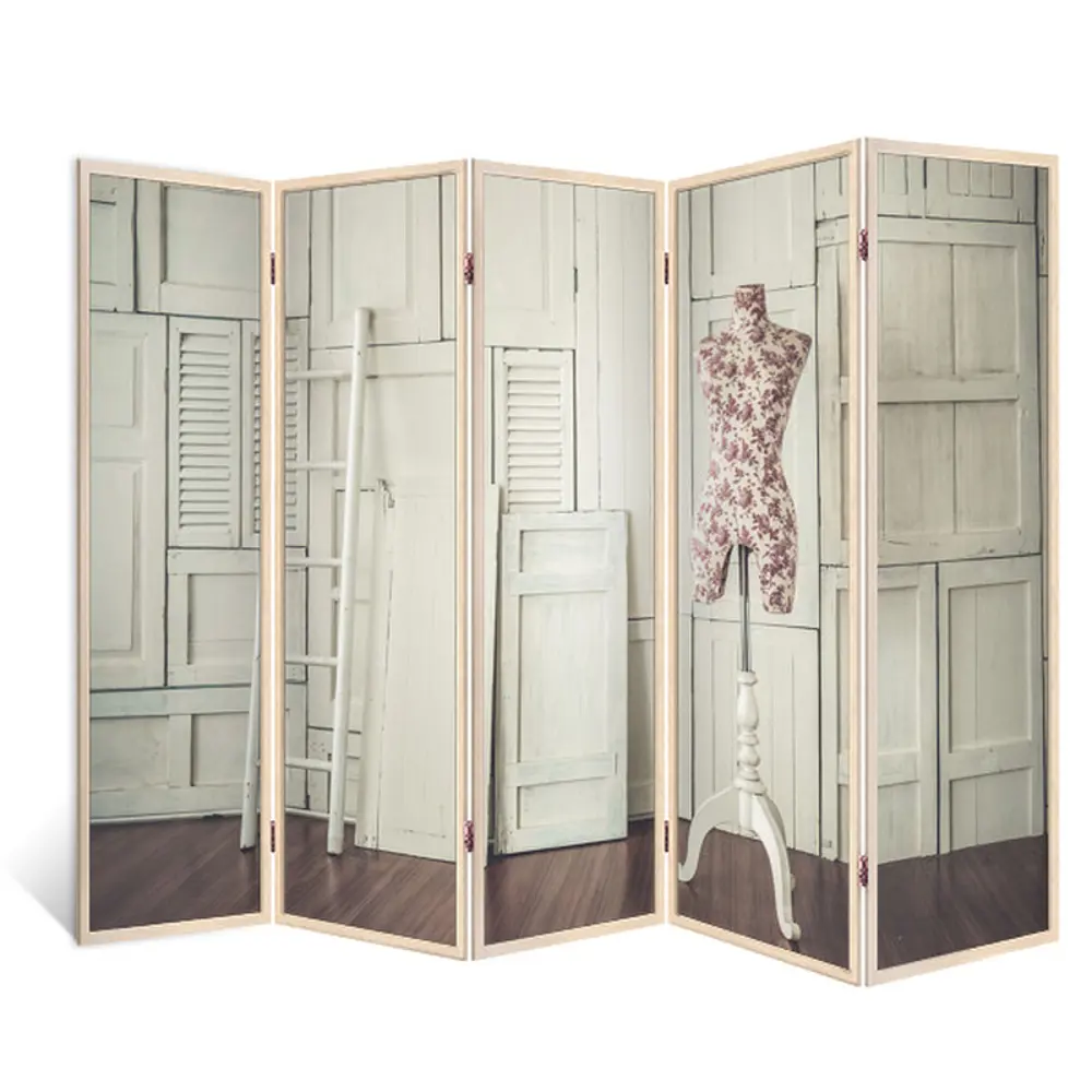 Фото Ширма перегородка для комнаты деревянная "Примерка для леди" двухсторонняя с картинкой (мода и красота) 5 створок кремовый дуб 176х230 см 18 кг