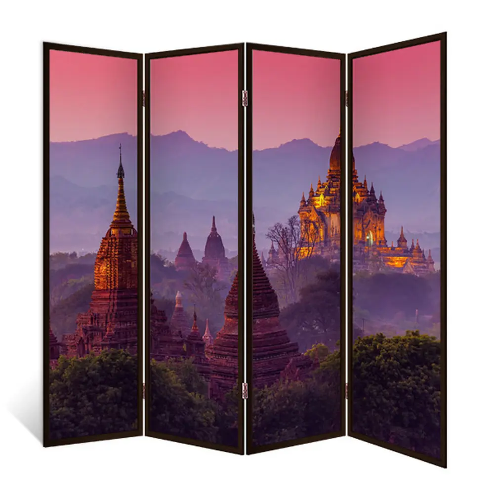 Фото Ширма перегородка для комнаты деревянная "Уговор" двухсторонняя с картинкой (города) 4 створки венге 176х185 см 14 кг