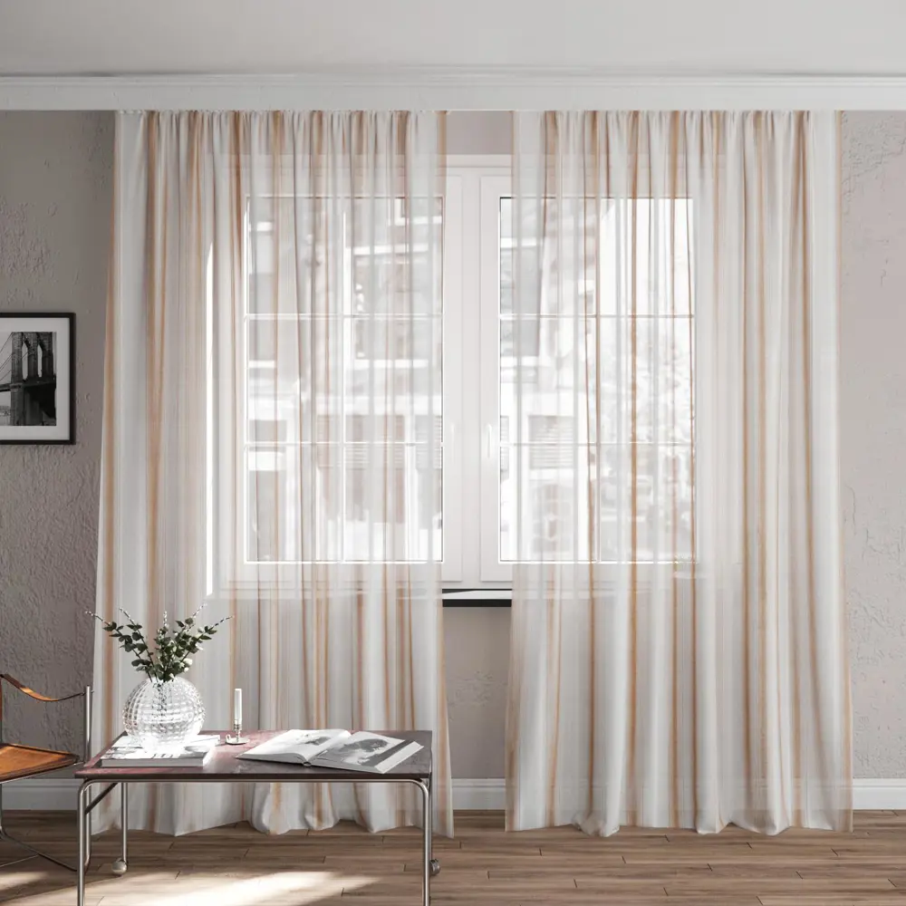 Фото Тюль на шторной ленте Органза шенилл 300x250 см рисунок полоски цвет бежевый Фото Тюль на шторной ленте Органза шенилл 300x250 см рисунок полоски цвет бежевый