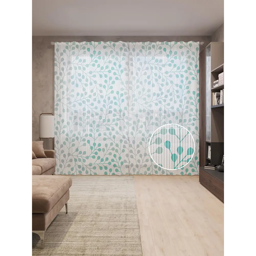 Фото Тюль на шторной ленте Лесная структура 310х265 см рисунок вензель цвет синий