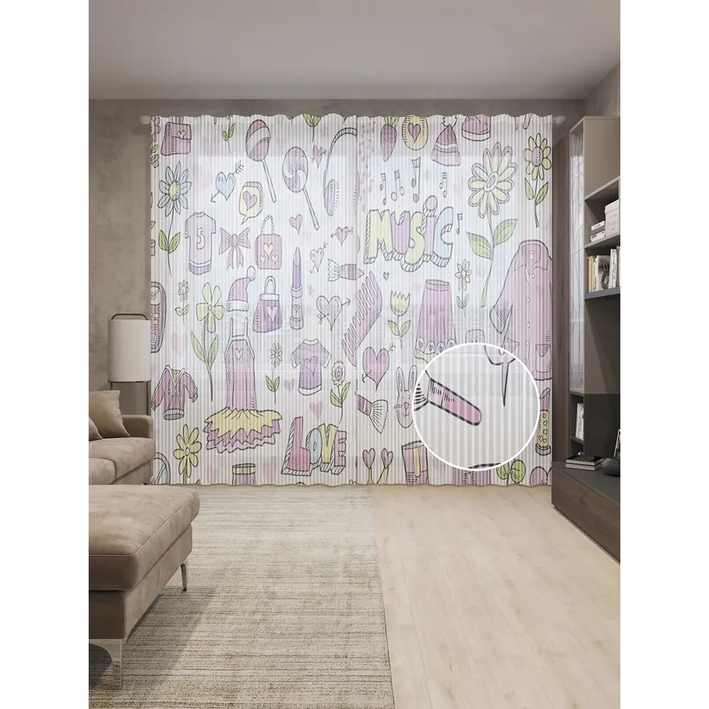 Фото Тюль на шторной ленте Музыкальный прикид 310х265 см цвет розовый