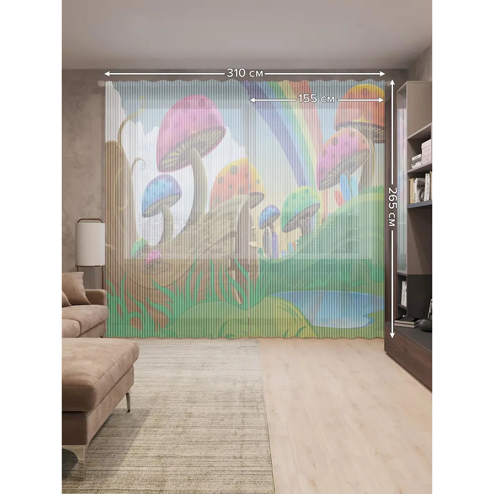 Фото 2 Тюль на шторной ленте Лес грибов 310х265 см рисунок растительный цвет красный