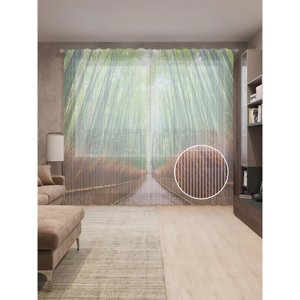 Фото Тюль на шторной ленте Бамбуковый заповедник 310х265 см рисунок растительный цвет зеленый