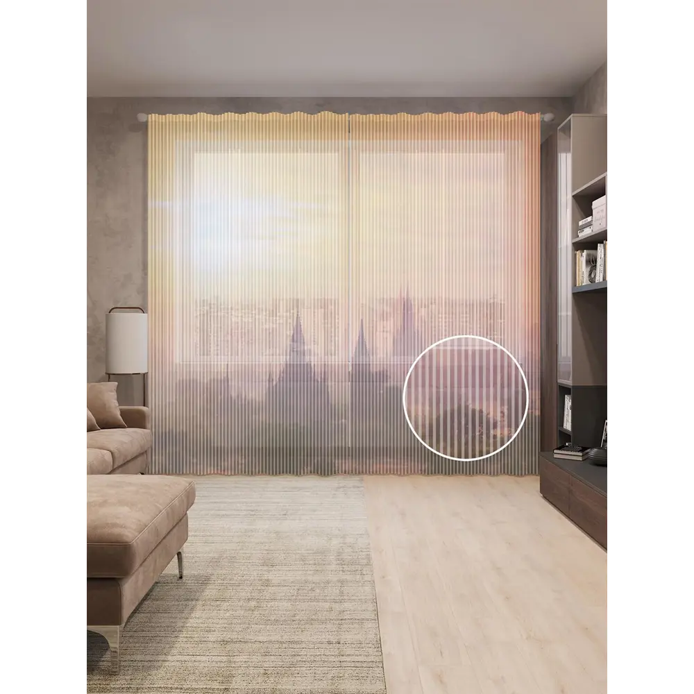 Фото Тюль на шторной ленте Буддийский храм в Багане на закате 310х265 см цвет оранжевый