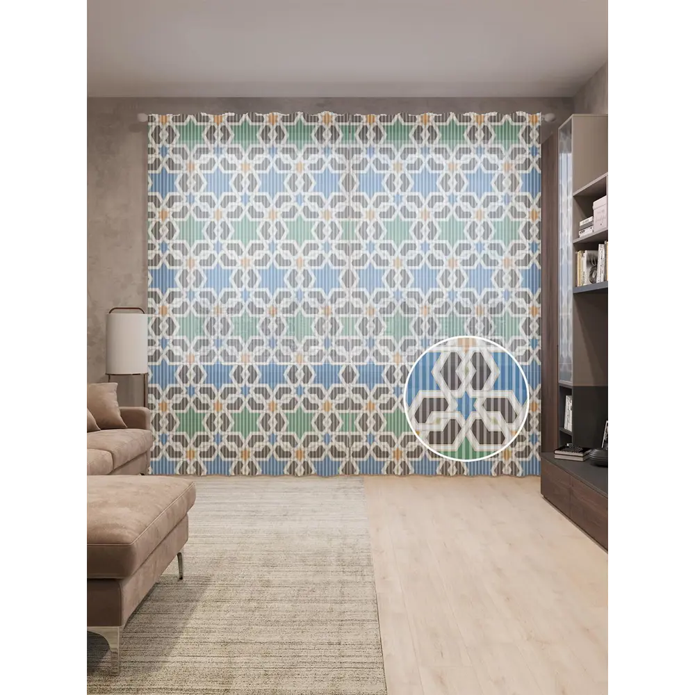 Фото Тюль на шторной ленте Звездная цепь 310х265 см рисунок вензель цвет зеленый Фото Тюль на шторной ленте Звездная цепь 310х265 см рисунок вензель цвет зеленый