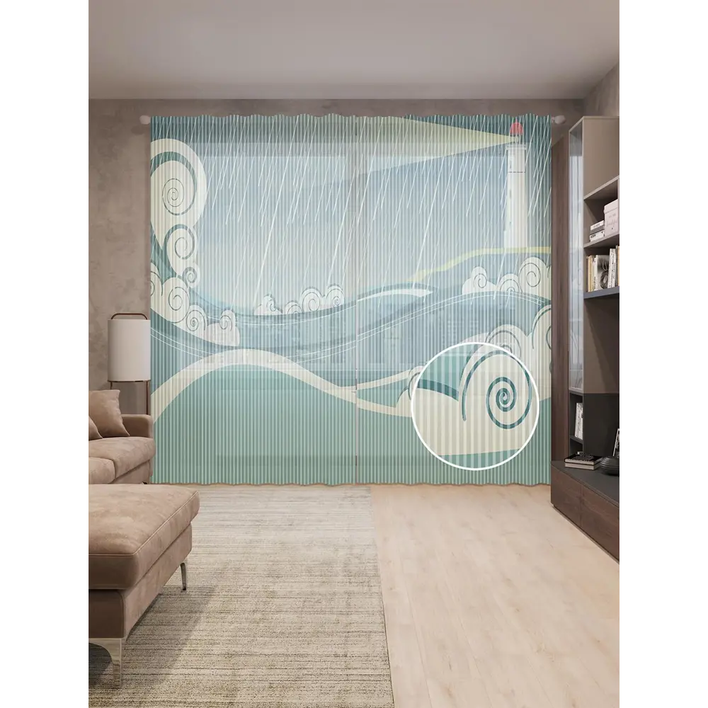 Фото Тюль на шторной ленте Дождевой маяк 310х265 см рисунок природный цвет зеленый Фото Тюль на шторной ленте Дождевой маяк 310х265 см рисунок природный цвет зеленый