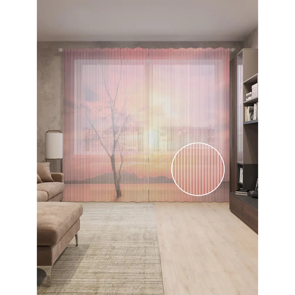 Фото Тюль на шторной ленте Тонущее дерево 310х265 см рисунок природный цвет розовый