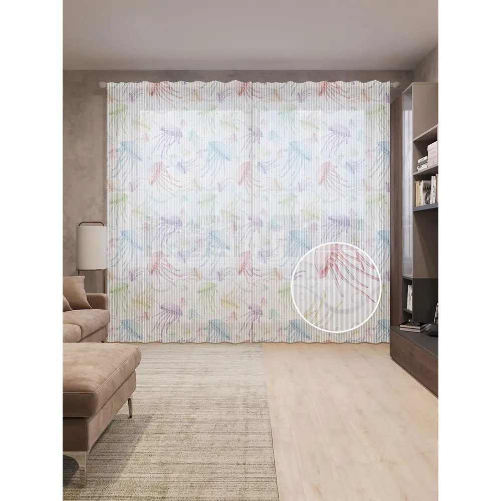 Фото Тюль на шторной ленте Веселые медузы 310х265 см рисунок природный цвет фиолетовый