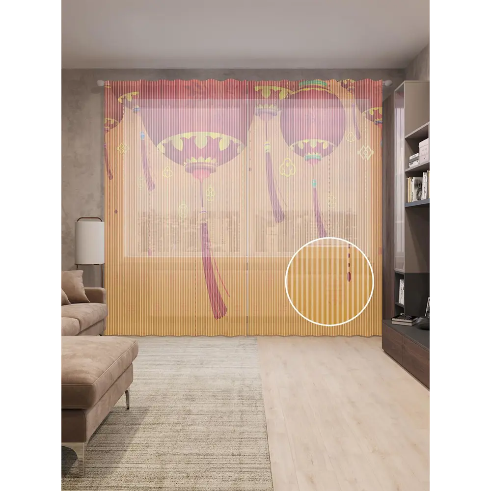 Фото Тюль на шторной ленте Взлетающие фонари 310х265 см цвет оранжевый