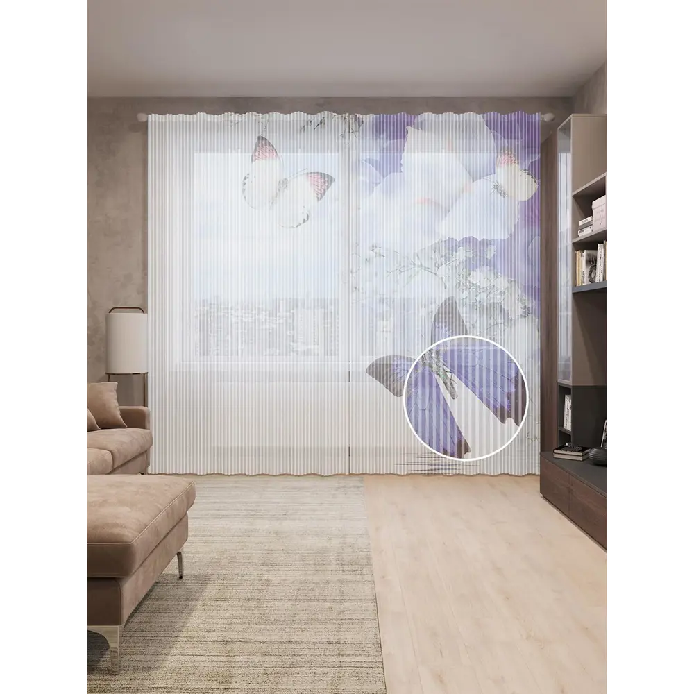 Фото Тюль на шторной ленте Бабочки над водой 310х265 см рисунок природный цвет фиолетовый