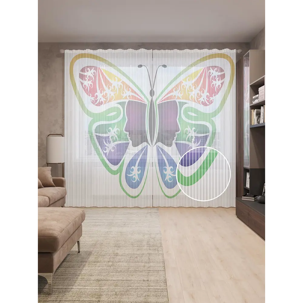 Фото Тюль на шторной ленте Абстрактная бабочка 310х265 см рисунок природный цвет зеленый