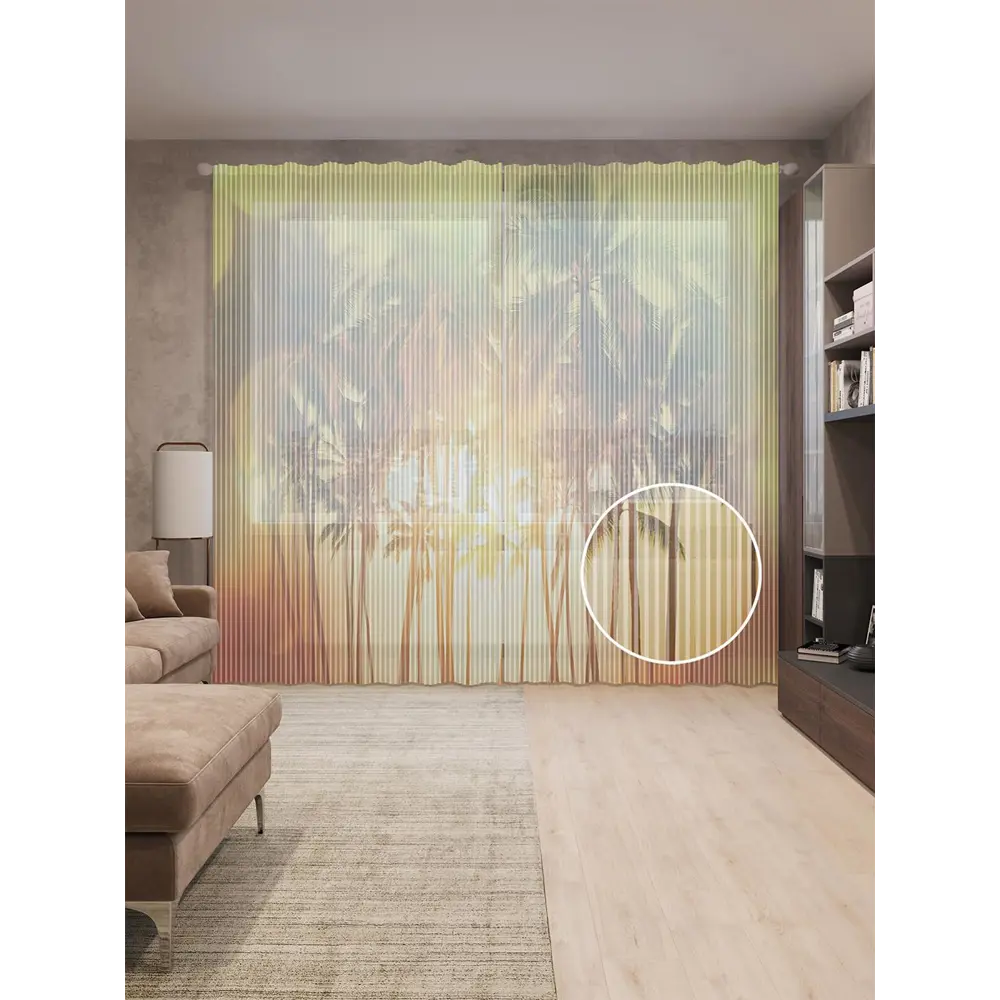 Фото Тюль на шторной ленте Пальмовая преграда 310х265 см рисунок растительный цвет зеленый Фото Тюль на шторной ленте Пальмовая преграда 310х265 см рисунок растительный цвет зеленый